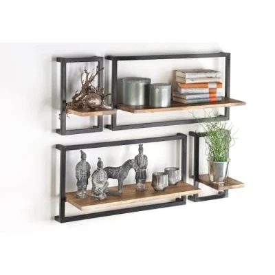 Abbildung von Kobolo Wandregal Hängeregal Metallregal aus Mangoholz und Metall 4er Set