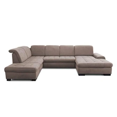 Abbildung von CAVADORE Wohnlandschaft Lexi / Große U Form mit XXL Longchair rechts und Kopfteilverstellung Leichte Fleckenentfernung dank Soft Clean 329 x 82 99 224 Flachgewebe: Hellbraun