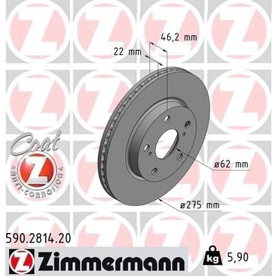Abbildung von ZIMMERMANN COAT Z 590.2814.20 Bremsscheibe 275 22 7/5 5 114 innenbelüftet beschichtet hochgekohlt TOYOTA: Auris Schrägheck, Corolla XI Limousine