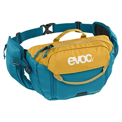 Abbildung von EVOC HIP PACK 3l Hüfttasche Bauchtasche Hüftbeutel inkl. 1,5l HYDRATION BLADDER (3l Fassungsvermögen, AIRFLOW CONTACT System, verstellbarer Hüftgurt, VENTI FLAP Trinkblase), Lehm Gelb/Ocean