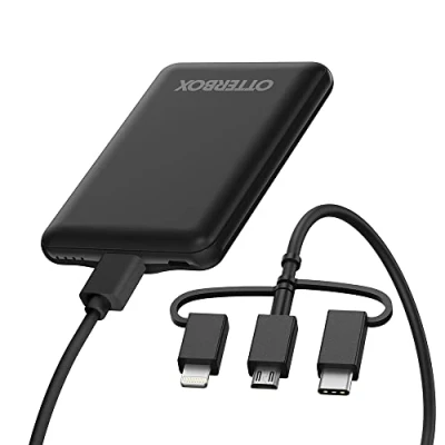Abbildung von OtterBox Power Bank 5000 mAh externer Akku mit USB A 10W und Micro Ausgangsleistung, Status LED, schlankes, sturzgeschütztes robustes Design, inkl. 3 in 1 Ladekabel, Schwarz