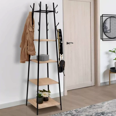 Abbildung von IDMarket Garderobenleiste PIERO: Industrielles Design, 8 Haken, 4 Ablagen, Schwarz, Holzoptik