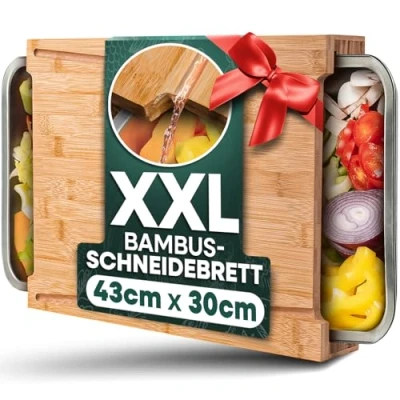 Abbildung von Loco Bird Schneidebrett mit Auffangschalen 43x30x7cm groß , Bambus, (Küchenbrett aus 1 St., 2 Schalen Edelstahl), Ideales Küchenhelfer Gadget Set für die Küche