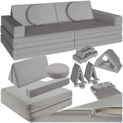 Abbildung von tectake® Spielsofa, Kindersofa klappbar, modulares Sofa mit Spiel und Schlaffunktion, Möbel für Kinderzimmer, Indoor Spielplatz, Couch oder Sitzkissen, Schaumstoff Stapelsteine 160 cm, grau
