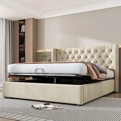 Abbildung von SOFTWEARY Polsterbett mit Lattenrost und Bettkasten, Doppelbett, gepolsterter Kopfteil seitlichen Ohren, Bezug aus Samt (beige, 180 x 200 cm)