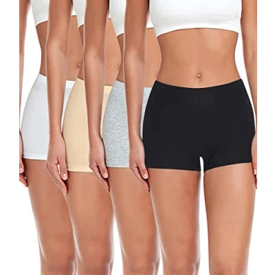 Abbildung von wirarpa Damen Baumwolle Boxershorts Panties Unterhosen Radlerhose unter Kleid mit Baumwoll Schritt 4er Pack Schwarz Grau Weiß Beige Größe S