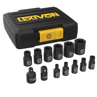 Abbildung von LEXIVON E TORX Steckschlüssel 13 teilige, 1/4 Zoll (E4, E5, E6, E7, E8) 3/8 (E10, E12, E14, E16, E18, E20) Stück Adapter 3/8“ zu 1/4, und 1/4&quot; 3/8&quot;, S2 legiertem Stahl (LX 147)