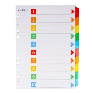Abbildung von WESTCOTT Aktenordner Register für Ordner Din A4, Beschriftbare Trennblätter 10 Tabs, Organizer 5 Farben, Robuste 160g/m² mit Eurolochung