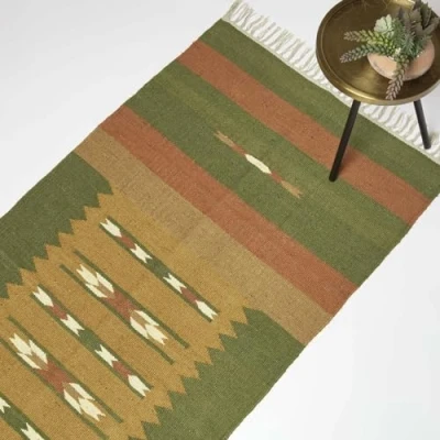 Abbildung von Homescapes Lundi Green Teppichläufer Jute Baumwolle orange grün 80x180 cm, Fransen Teppich handgewebt, Kelim Läufer geometrisch
