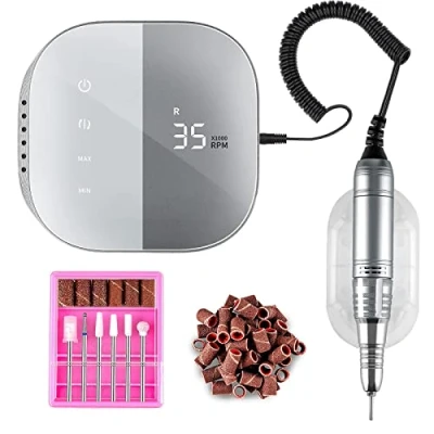 Abbildung von Madenia Elektrische Nagelfräser TouchPro Gelnägel 35000 U Min Profi Nagelfeile Maniküre Pediküreset Kunstnägel, mit HD Digitalanzeige, inkl 6x Bits, grau…