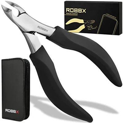Abbildung von ROBBX® Profi Nagelzange Kopfschneider für starke Fußnägel Kopfzange dicke Nägel zur Fußpflege Weicher Griff Stabiles Lederetui