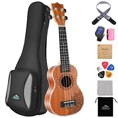 Abbildung von EASTROCK Ukalale Sopran Ukulele, 53,3 cm, für Anfänger, Set mit digitalem Stimmgerät, Gurt, Plektrum, Saiten, Sandhammer, Reinigungstuch und strapazierfähigem, gepolstertem Gigbag Set, 13 in 1