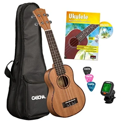 Abbildung von Cascha Sopran Ukulele Set I Starter Kit mit 3 Plektren Tasche Stimmgerät &amp; italienischem Lehrbuch Mahagoni Kleine Hawaii Gitarre für Anfänger Fortgeschrittene