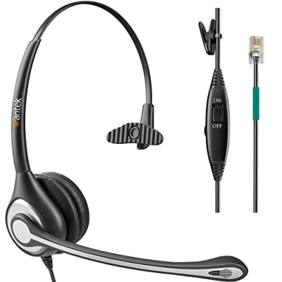 Abbildung von Wantek Telefon Headset Mono mit Noise Cancelling Mikrofon, Lautstärkeregler, Call Center Kopfhörer für Festnetztelefone ShoreTel Polycom NEC Nortel Norstar Meridian Siemens ROLM(F600S2)