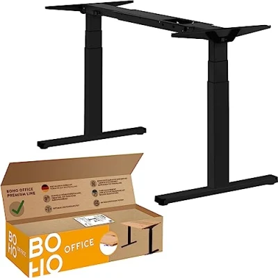 Abbildung von boho office® Höhenverstellbarer Schreibtisch Gestell Made in Germany, Elektrisch stufenlos, 2 laufruhige Motoren, 3 Fach Teleskop, Kollisionsschutz Premium Line Schwarz mit Wippschalter