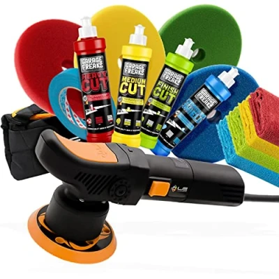 Abbildung von detailmate Garage Freaks Liquid Elements Polierset: T2000 V3 Poliermaschine + Freaks: Polituren &amp; Wachs 4 Pads 150mm 3M Abdeckband Mikrofasertücher 550GSM