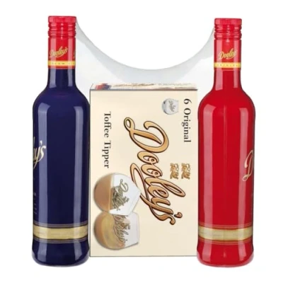 Abbildung von Dooley&#039;s Toffe Cream Liqueur Twin Pack 2 x 700ml und 6 Toffee Tipper Gläser Perfekt für Cocktails oder Pur 17% vol.