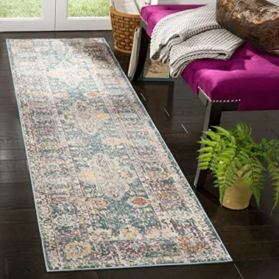 Abbildung von SAFAVIEH Traditionell Teppich für Wohnzimmer, Esszimmer, Schlafzimmer Illusion Collection, Kurzer Flor, Blaugrün und Creme, 69 X 244 cm