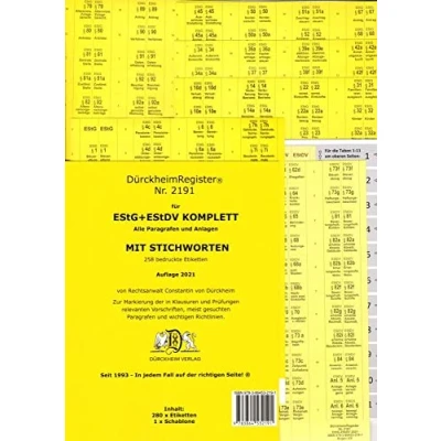 Abbildung von DürckheimRegister® EStG+EStDV KOMPLETT alle §§ mit STICHWORTEN: 258 Registeretiketten (sog. Griffregister) für deine Gesetze zur Markierung von ... In jedem Fall auf der richtigen Seite!