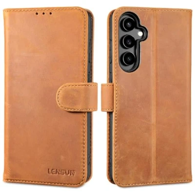 Abbildung von LENSUN Echtleder Hülle für Samsung Galaxy S23 FE, Handyhülle [Echtes Leder] [RFID Schutz] [Kartenfach] Lederhülle Handytasche FE 5G Vintage Braun