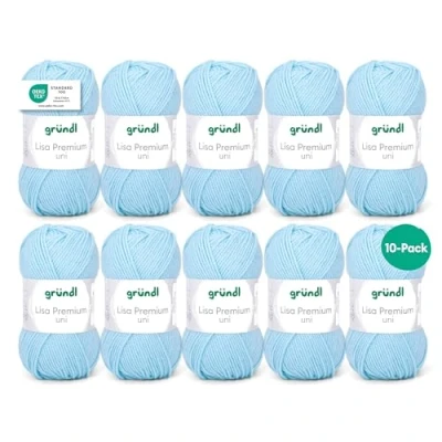 Abbildung von Gründl Wolle Lisa Premium Uni Strickgarn aus 100 % Polyacryl, Garn zum Häkeln/ Stricken 50 g / 133 m, 10 x Knäuel, Nadel: 3,5 4,5, Hellblau