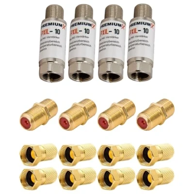Abbildung von PremiumX 4x Inline Verstärker 20dB für SAT / DVB T + 8x F Stecker 7mm Kabel