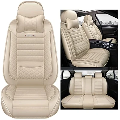 Abbildung von nenyan Autositzbezüge Komplett Set Universal in Premium Design Schonbezüge für die Vordersitze &amp; Rückbank Auto Sitzbezüge Airbag Geeignet Wasserdicht Sitzbezug Beige