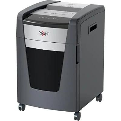 Abbildung von Rexel Aktenvernichter Momentum Extra XP420+, Partikelschnitt, 23 21 Blatt A4 (70 80 g/m²) Kapazität, Sicherheitsstufe P4, Anti Papierstau Technologie, 60L Abfallbehälter, schwarz, 2021421XEU