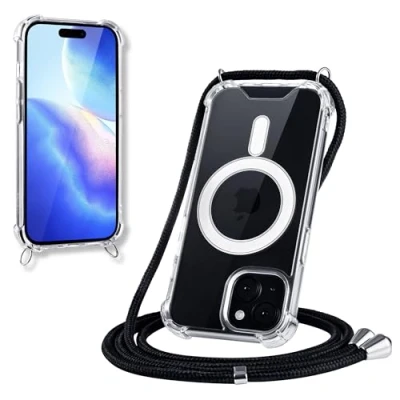 Abbildung von JProtect Magnetische Handykette für iPhone 15 Magsafe Hülle/iPhone Hülle mit Band zum Umhängen Schwarz/Kette Handyhülle Magnet
