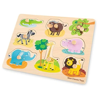 Abbildung von New Classic Toys 10431 Educational Krokodil, Elefant Peg Puzzle Safari 8 Pieces FSC 100% Certified Wood, Mehrfarbig, 300 x 225 20mm