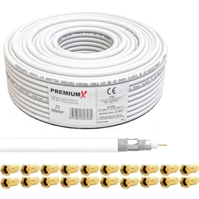 Abbildung von 25 Meter PremiumX Deluxe Koaxial Kabel 135dB 4 Fach, Innenleiter 1,02mm REINES Kupfer SAT Antennenkabel 20x F Stecker (0,72EUR/M)