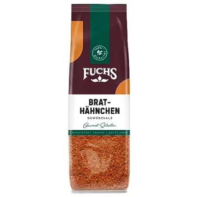Abbildung von Fuchs Gewürze Brathähnchen Gewürzsalz im recyclebaren Nachfüllbeutel, Salz zum Würzen von gebratenem Geflügel Fleisch 100 g