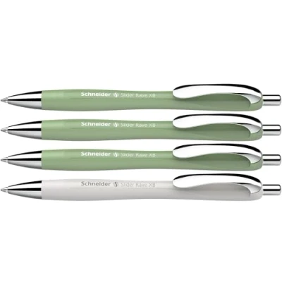 Abbildung von Schneider 132664 Slider Rave XB Kugelschreiber (Limitierte Sonderedition, 3x organic green, 1x silver grey, Made in Germany) 4 Stück, Schreibfarbe: blau