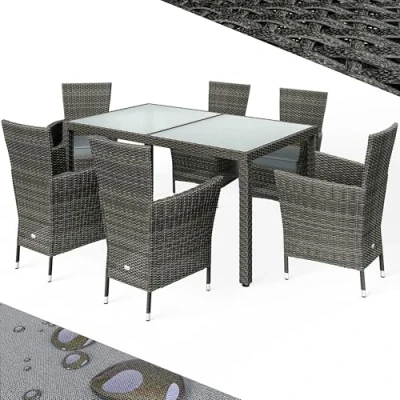 Abbildung von Casaria® Gartenmöbel Polyrattan 6 Stühle Stapelbar 150x90cm Gartentisch Glas Wetterfest Outdoor Modern Terrasse Sitzgruppe Essgruppe Garnitur Set Grau