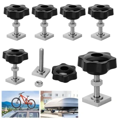 Abbildung von 6 Stück Nutsteine M8 Dachträger Relingträger T Nut Adapter Nutensteine 20x20mm (M8 x 35mm) mit Sterngriffmutter und Unterlegscheiben, Dachbox für Dachfahrradträger