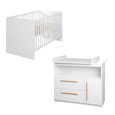 Abbildung von roba Babymöbel Set 2 teilig Lilo Kinderbett 70 x 140 cm umbaubar + Wickelkommode mit abnehmbarem Ansatz Weiß Holzgriffe aus Buche