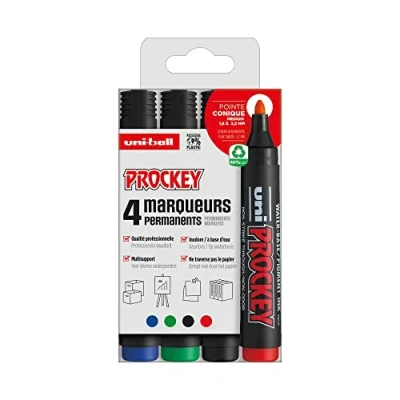 Abbildung von Uni Prockey Ball Mitsubishi Pencil Permanentmarker geruchslos PM122 Multihalter, Wasserbasis, geruchsneutral mittlere konische Spitze 1,2 1,8 mm Null Verpackung aus Kunststoff, 4 Farben