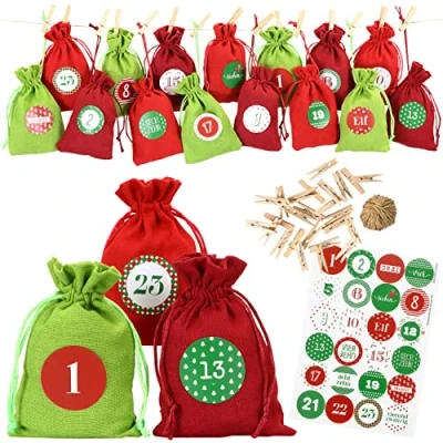 Abbildung von Papierdrachen 24 Adventskalender Stoffsäckchen zum Befüllen mit Zahlenaufklebern von 1 Stoffbeutel selber Dekorieren Geschenksäckchen Rot Grün Set Nr 28