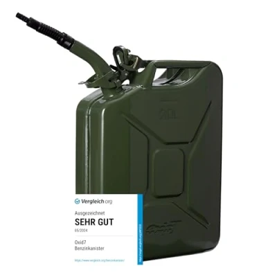 Abbildung von Oxid7 Kraftstoffkanister 20 Liter aus Metall mit Ausgießer Benzin, Diesel &amp; Bio Ethanol geeignet 20L Benzin Kanister UN Zulassung Bauart geprüft