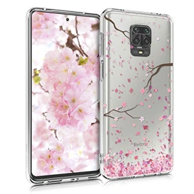 Abbildung von kwmobile Case kompatibel mit Xiaomi Redmi Note 9S / 9 Pro Max Hülle Silikon Transparent Kirschblütenblätter Rosa Dunkelbraun