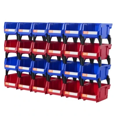 Abbildung von VEVOR Stapelboxen 24er Set Sichtlagerboxen Blau/Rot (12 Behälter pro Farbe) Sichtlagerkästen PP Lagerboxen 137x105x78mm Schüttenregal Schraubenregal Sortierboxen Werkstatt Wandregal Büro Schule Garage