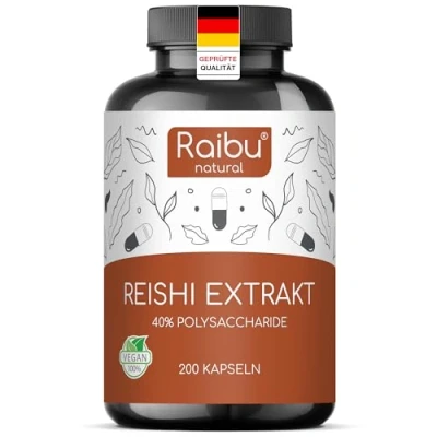 Abbildung von Reishi Pilz Extrakt hochdosiert 200 Kapseln 40% Polysaccharide Laborgeprüft, Vegan, Premium Qualität Raibu