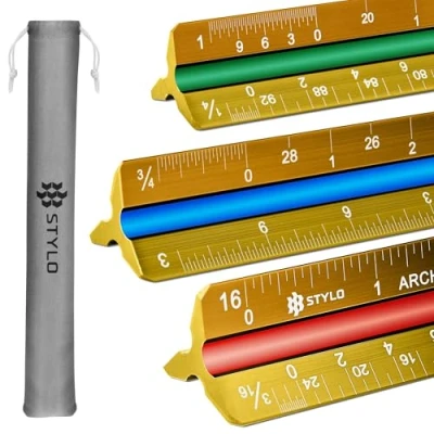 Abbildung von Stylo Architekten Maßstabslineal aus Aluminium, 30,5 cm, lasergeätztes dreieckiges Zeichenlineal mit Farbe imperiales architektonisches für Blaupausen (Gelb, Imperiale Einheiten)