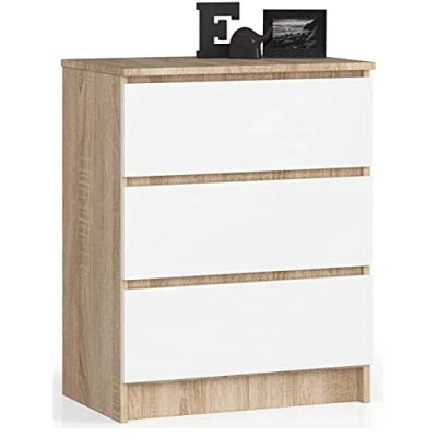 Abbildung von AKORD Kommode K60 mit 3 Schubladen für das Wohnzimmer Schlafzimmer Schrank Büro Arbeitszimmer Modernes Funktionales Design B60 x H77 T40 cm, Gewicht 25 kgSonoma Eiche/Weiß