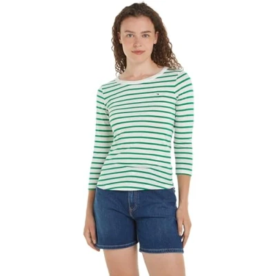 Abbildung von Tommy Hilfiger Damen Langarmshirt 1985 Slim Slub Basic, Mehrfarbig (Breton Ecru/Olympic Green), XXL