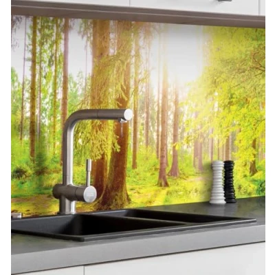 Abbildung von MyMaxxi Küchenrückwand Folie selbstklebend matt Versteift einfache Montage ohne Bohren Motiv Wald 60cm hoch Spritzschutz Küche Klebefolie Bäume Lichtung Tannen 60 x