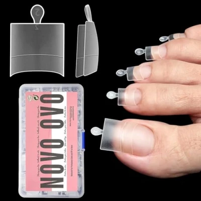 Abbildung von NOVO OVO Lange fußnägel zum aufkleben, Artificial long toe nail tips, klare fussnägel kleben, künstliche zehennägel, soft gel half cover toenail tips set, fuß nägel x 15 Größen 240 Stück