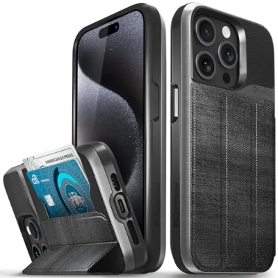 Abbildung von VENA vCommute Brieftaschen Schutzhülle für Apple iPhone 15 Pro (6,1 Zoll), militärischer Fallschutz, Lederhülle, Kartenschlitz, Halter mit Ständer, Space Gray/Slate Black
