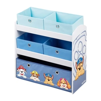 Abbildung von roba® Kinderregal Paw Patrol aus Holz Spielregal mit 5 Boxen, Montessori Aufbewahrungsregal für Jungen &amp; Mädchen Weiß / Blau