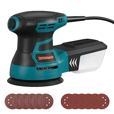 Abbildung von DOVAMAN ROS01A 350W Exzenterschleifer, 6 Variable Geschwindigkeiten, 13000 U/min, 12 Stück Schleifpapiere, 125mm Schleifteller, Staubabsaugung, für Holz und Stahloberflächen
